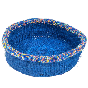 Cestino tondo blu bordo perline cm20