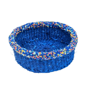 Cestino tondo blu bordo perline cm15